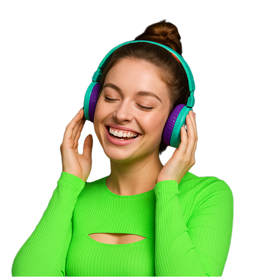 Model wearing colorful headphones
